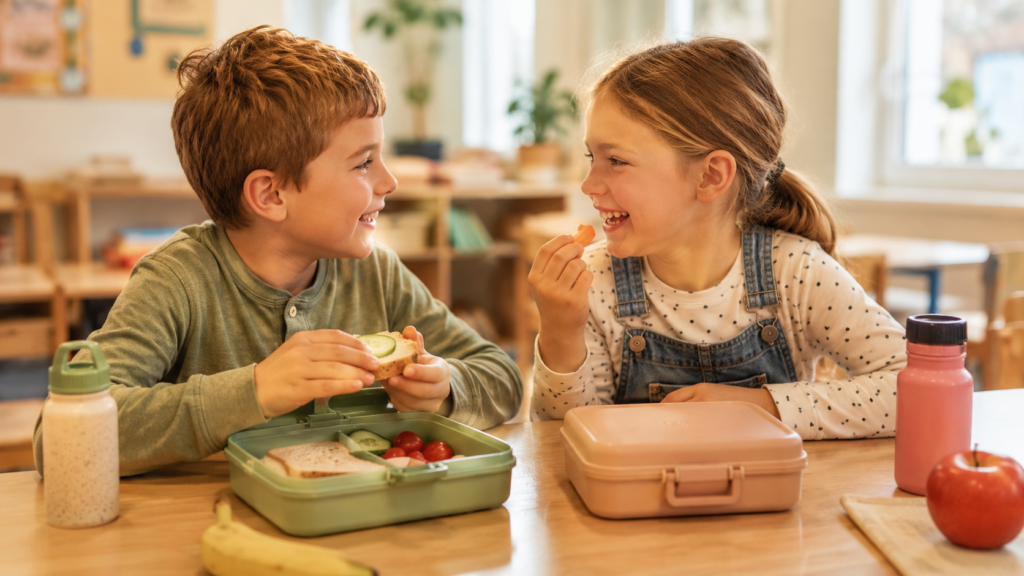 Schulkinder beim Frühstück mit ihrer brotdose